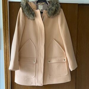 J. Crew Factory Pea Coat in Bright Pink with Faux Fur Trim